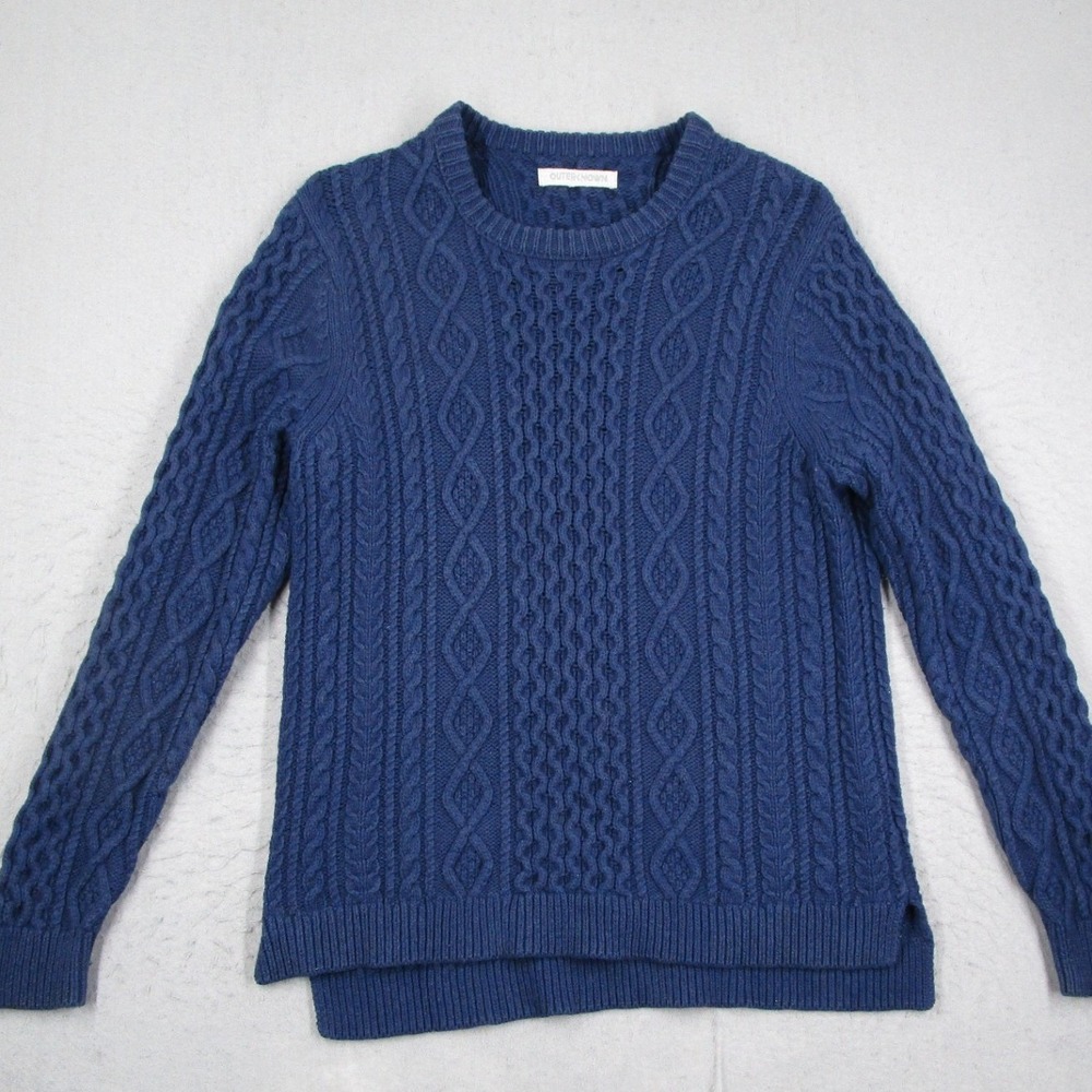 Outerknown Men XL Blue Cable Knit Merino Wool Organic Fisherman Crewneck Sweater